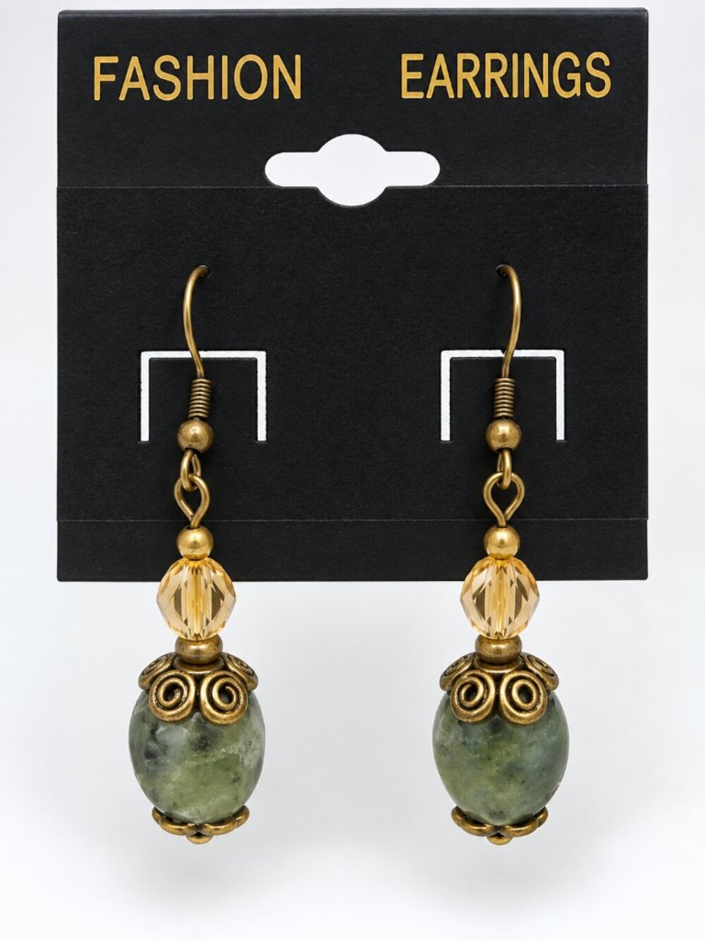 Green Stone Bead Dangle Earrings Amber Crystal Antique Gold Tone